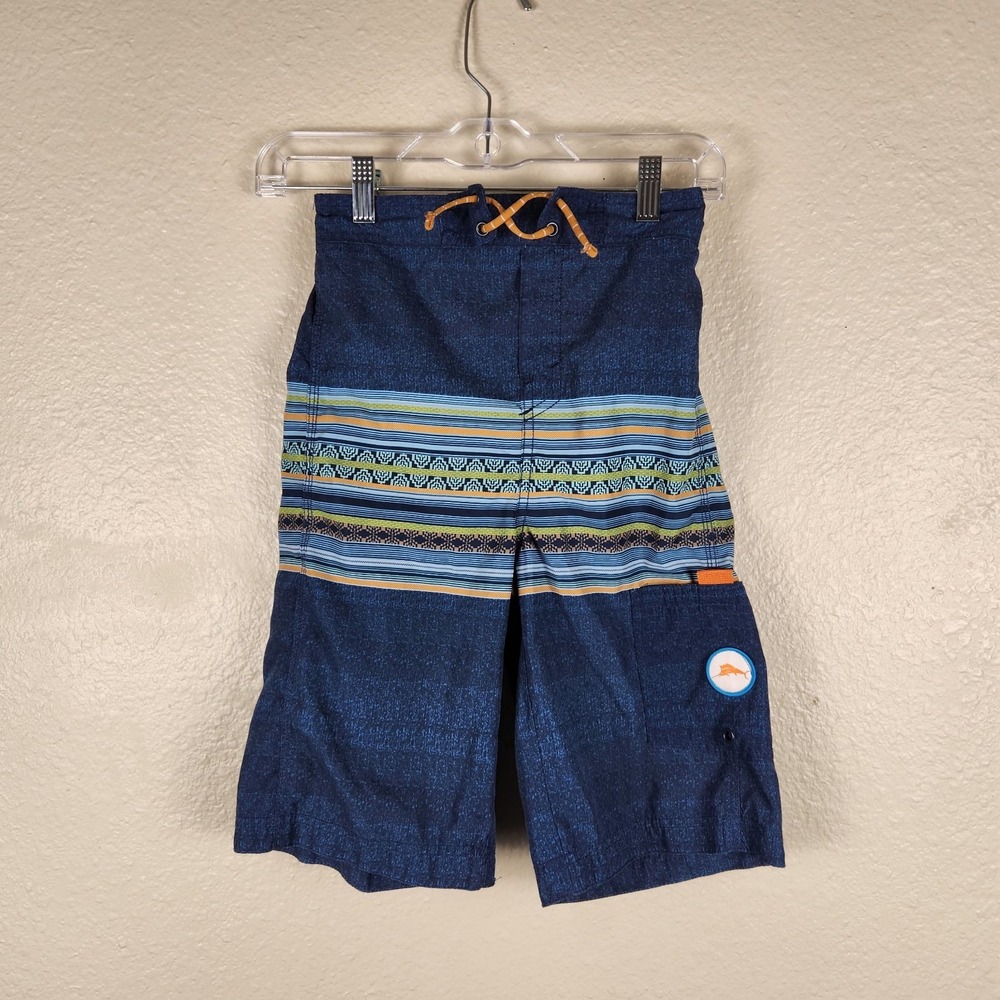 Tommy Bahama Boys‎ Swim Trunks L Blue Stripe Drawstring Mesh Lined Board Shorts